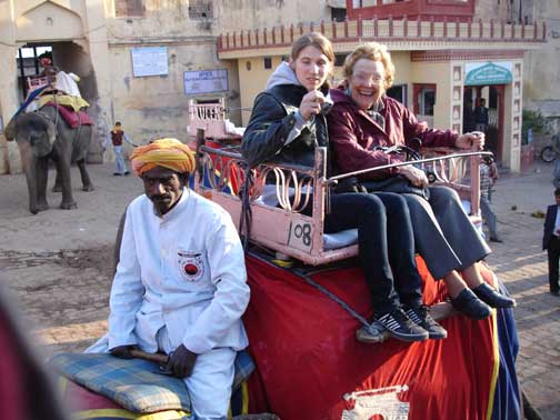 Carly and Horty on an elephant.