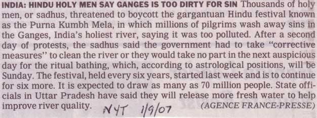 New York Times article India: Hindu Holy Men Say Ganges is Too Dirty for Sin.