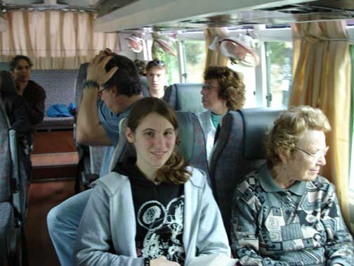 Carly, Horty, Hugh, Shelley, Benjamin, Nita in the bus.