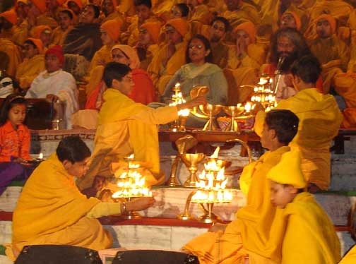 Lighting the oil lamps.